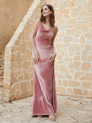 Cowl Neck Mermaid Velvet Gown Dusty Rose