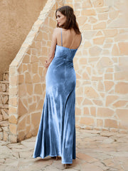 Cowl Neck Mermaid Velvet Gown Dusty Blue