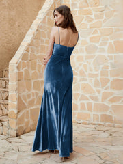 Cowl Neck Mermaid Velvet Gown Ink Blue