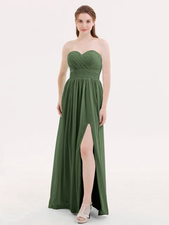 Strapless Sweetheart Neck Bridesmaid Dress with Slit Olive Green