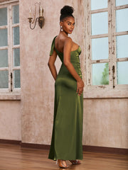 One Shoulder Corset Sheath Acetate Satin Dress Olive Green