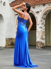 Flower Sequin Appliqued High Slit Maxi Dress Royal Blue