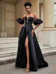 BABARONI Lace Black Prom Dresses A-line Sweetheart Ruched With Slit Sweep/Brush Train, Black / US0