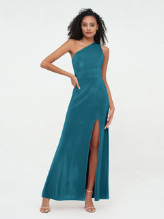 One Shoulder Open Back Velvet Dresses with Slit Ink Blue