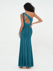 One Shoulder Open Back Velvet Dresses with Slit Ink Blue