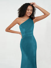 One Shoulder Open Back Velvet Dresses with Slit Ink Blue