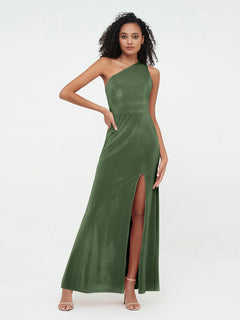 One Shoulder Open Back Velvet Dresses with Slit Olive Green