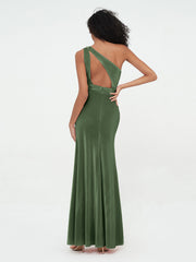 One Shoulder Open Back Velvet Dresses with Slit Olive Green Plus Size