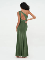 One Shoulder Open Back Velvet Dresses with Slit Olive Green