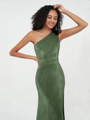 One Shoulder Open Back Velvet Dresses with Slit Olive Green