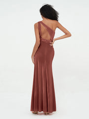 One Shoulder Open Back Velvet Dresses with Slit Terracotta Plus Size