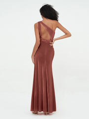 One Shoulder Open Back Velvet Dresses with Slit Terracotta