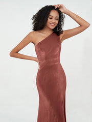 One Shoulder Open Back Velvet Dresses with Slit Terracotta