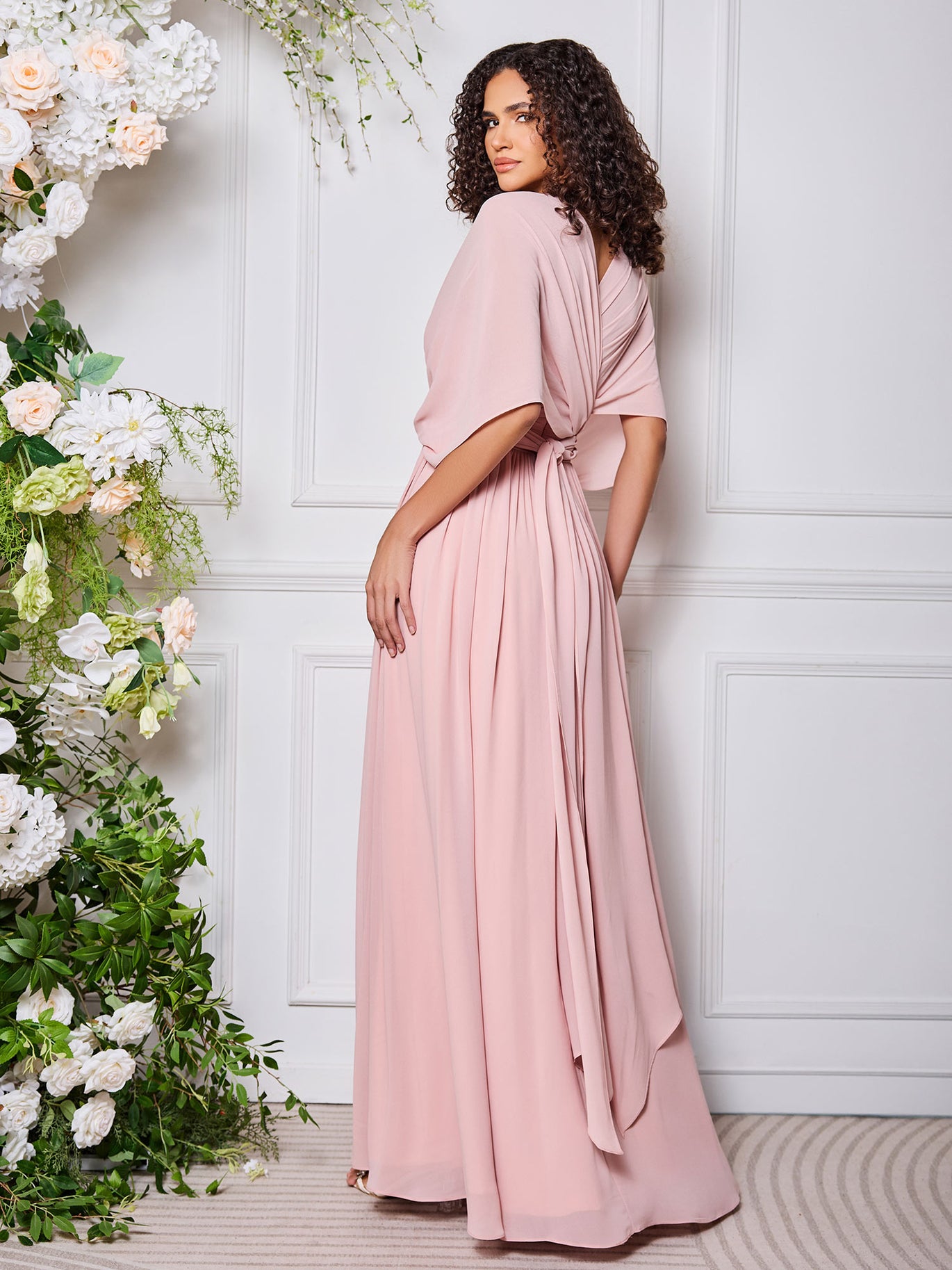 butterfly sleeve bridesmaid dresses B233057 Charming Poly Chiffon Dress with Mod Square Neckline and Butterfly Sleeves