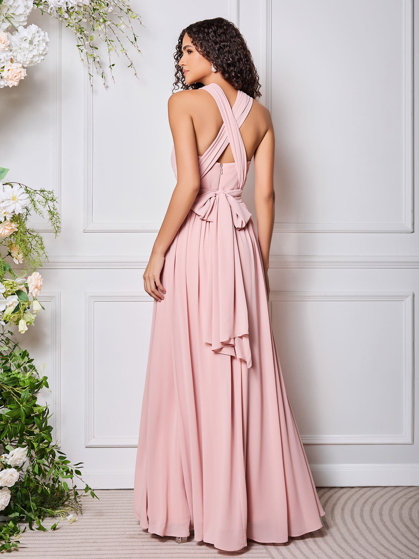 BABARONI Velvet Pearl Pink Bridesmaid Dresses V-neck Floor-length Spaghetti  Straps with Slit Pleated Mermaid