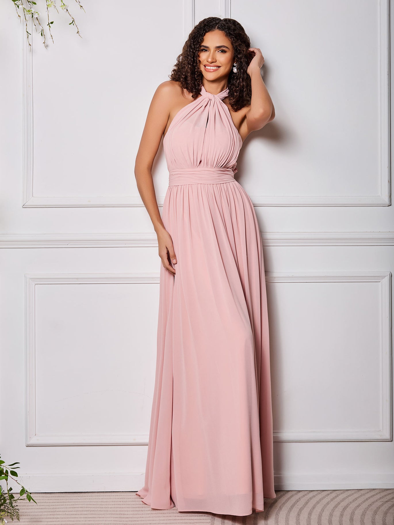 BABARONI High-Neck Halter Multi Wear Convertible Bridesmaid Dresses, Dusty Rose / US0