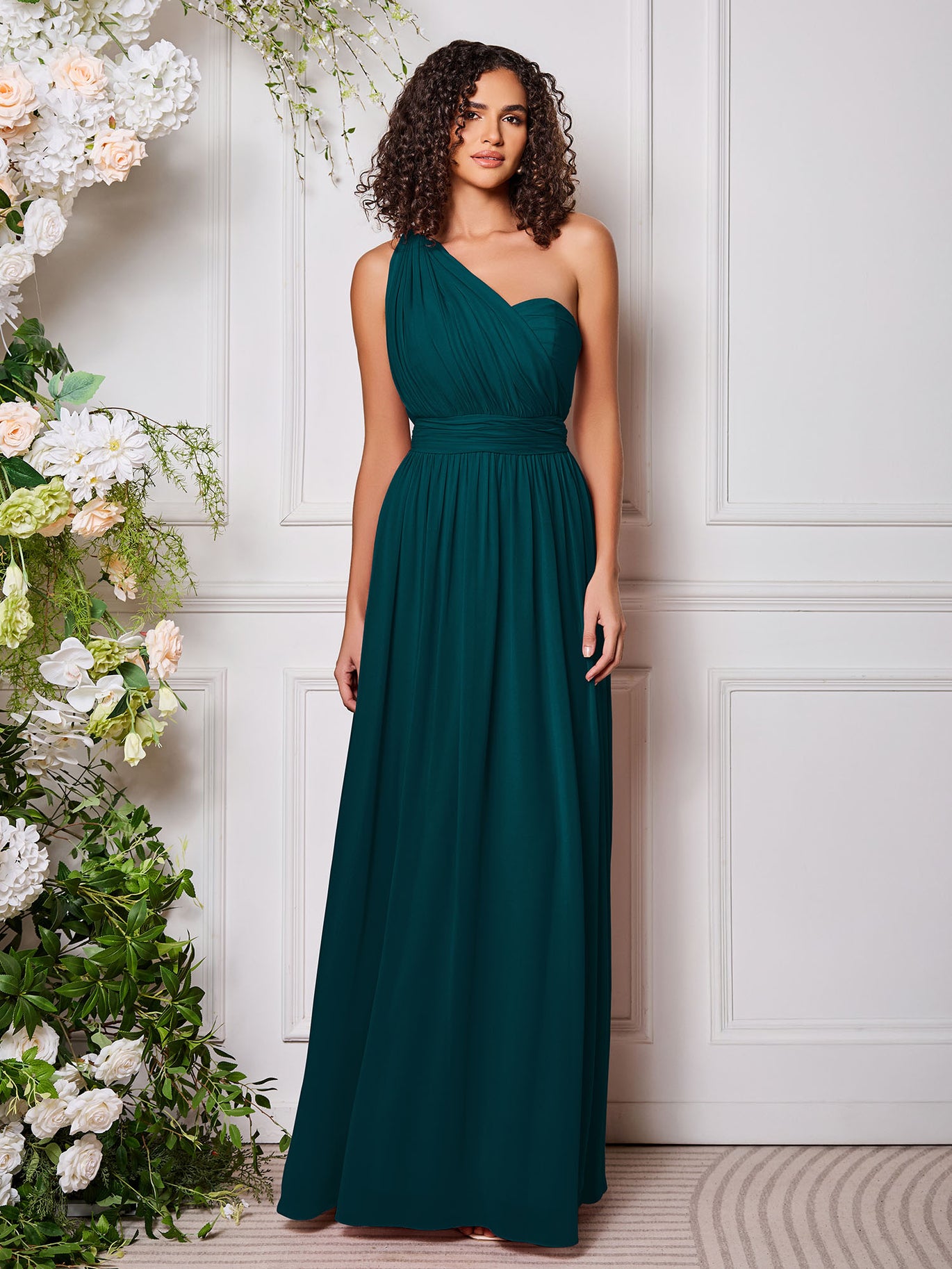 BABARONI Chiffon Pine Bridesmaid Dresses Floor-length Ruched A-line