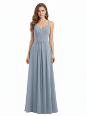 Spaghetti Straps Chiffon Dress with Sweetheart Neck Dusty Blue