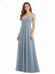 Spaghetti Straps Chiffon Dress with Sweetheart Neck Dusty Blue