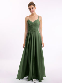 Spaghetti Straps Chiffon Dress with Sweetheart Neck Olive Green