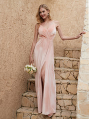 V Neck Velvet Dress With Slit Pearl Pink