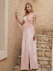 V Neck Velvet Dress With Slit Pearl Pink