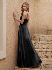 V Neck Velvet Dress With Slit Black
