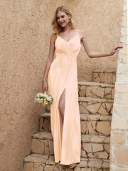 V Neck Velvet Dress With Slit Champagne