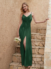 V Neck Velvet Dress With Slit Dark Green