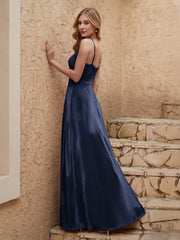 V Neck Velvet Dress With Slit Dark Navy