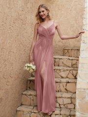 V Neck Velvet Dress With Slit Dusty Rose