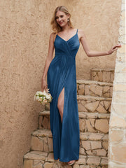 V Neck Velvet Dress With Slit Ink Blue