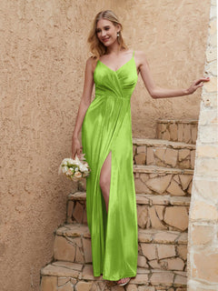 V Neck Velvet Dress With Slit Lime Green