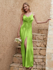 V Neck Velvet Dress With Slit Lime Green