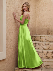 V Neck Velvet Dress With Slit Lime Green