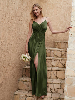 V Neck Velvet Dress With Slit Olive Green