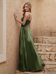 V Neck Velvet Dress With Slit Olive Green