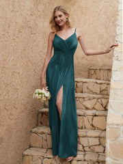 V Neck Velvet Dress With Slit Peacock