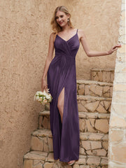 V Neck Velvet Dress With Slit Plum