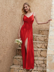 V Neck Velvet Dress With Slit Red