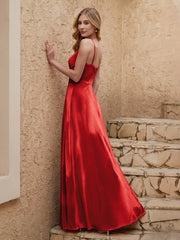 V Neck Velvet Dress With Slit Red