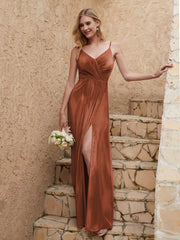 V Neck Velvet Dress With Slit Rust