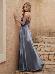 V Neck Velvet Dress With Slit Steel Grey Plus Size