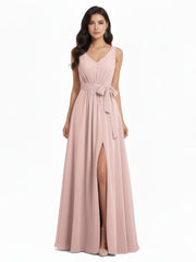 V neck Chiffon Bow Sash Gowns with Split Dusty Rose