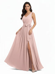 V neck Chiffon Bow Sash Gowns with Split Dusty Rose