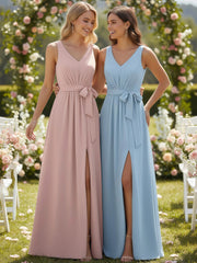 V neck Chiffon Bow Sash Gowns with Split Dusty Rose