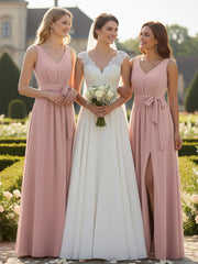 V neck Chiffon Bow Sash Gowns with Split Dusty Rose