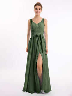 V neck Chiffon Bow Sash Gowns with Split Olive Green