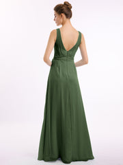 V neck Chiffon Bow Sash Gowns with Split Olive Green