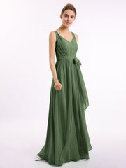 V neck Chiffon Bow Sash Gowns with Split Olive Green Plus Size